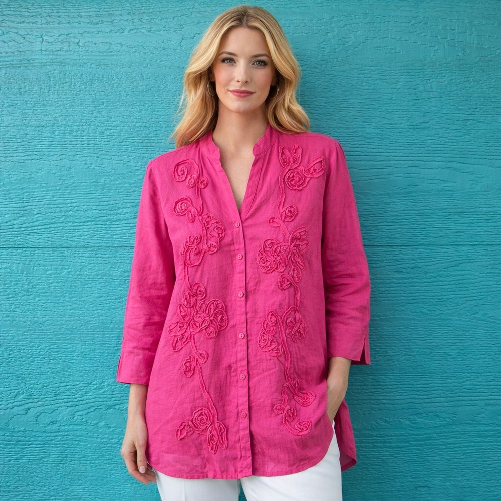 Pink Linen 3D Floral Appliqué Embroidered Button Front Tunic Top Size 8